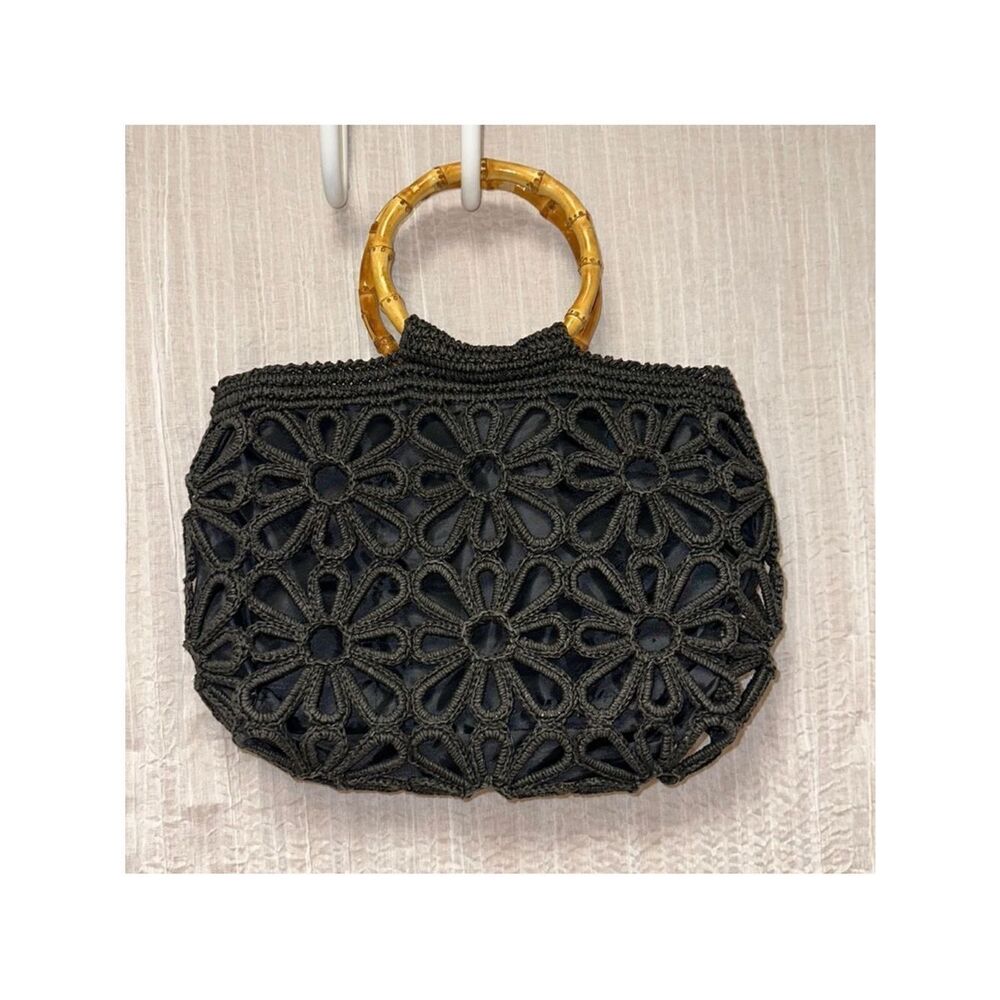 Stunning Black High Quality Macrame Floral Bamboo Handles Bag Purse